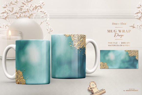 Mug Sublimation Blue Gold Watercolor Graphics & Print Templates